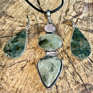Rose Quartz  & Moss Prehnite Crystal Pendant & Earrings